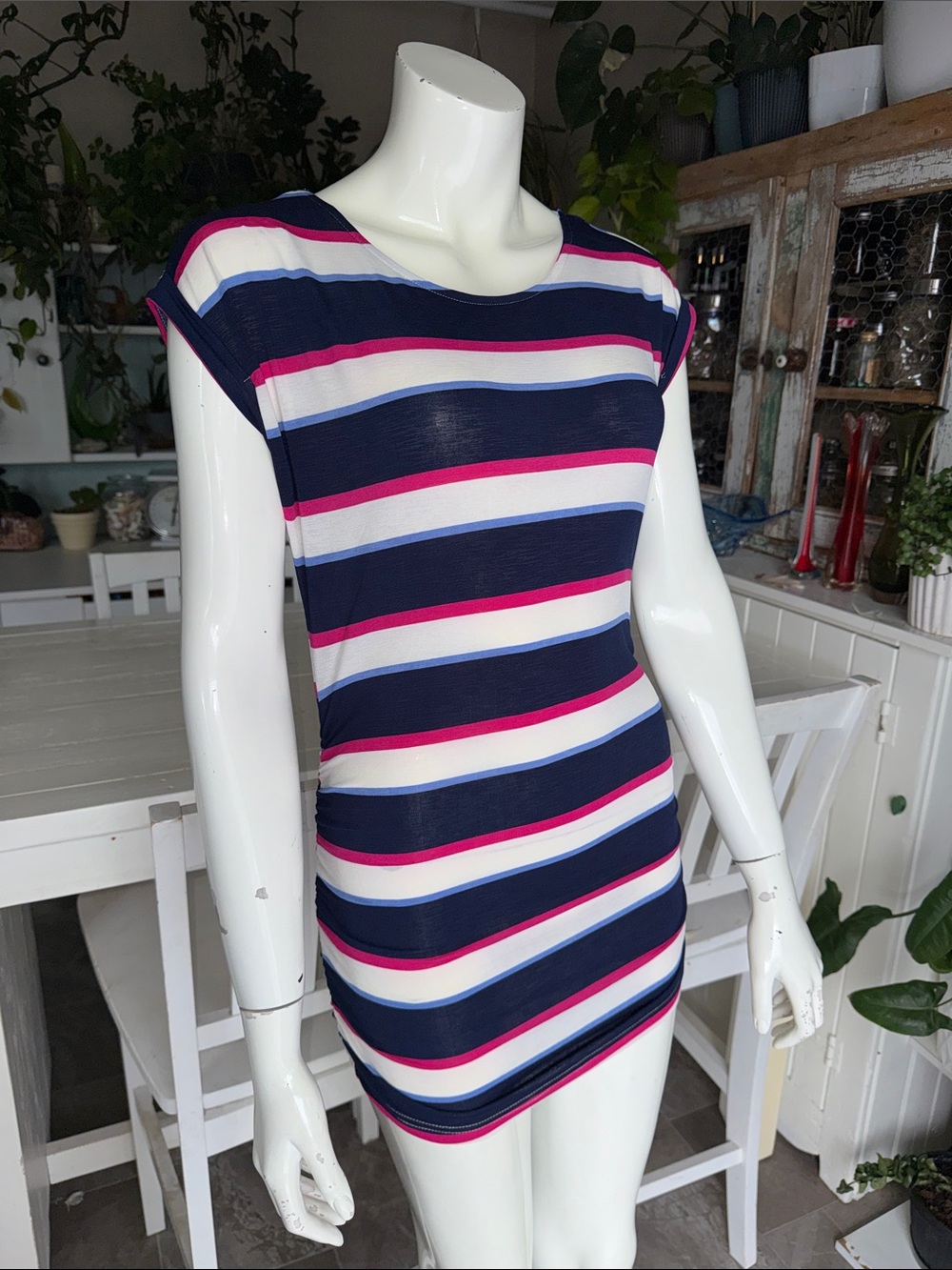 Suzy Shier Striped Navy, White & Pink Bodycon Dress NWOT XS